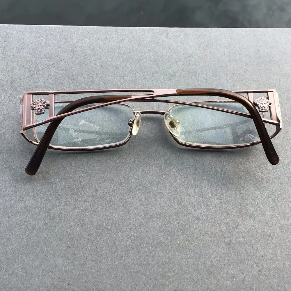 Vintage Versace Rectangular Metal Frame Eyeglasses in Bronze and Tortoise